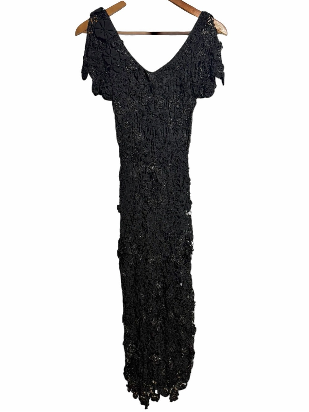 Cache Black Crochet Lace Floral Appliqué Maxi Dress Y2K Size 4 Gothic Romantic